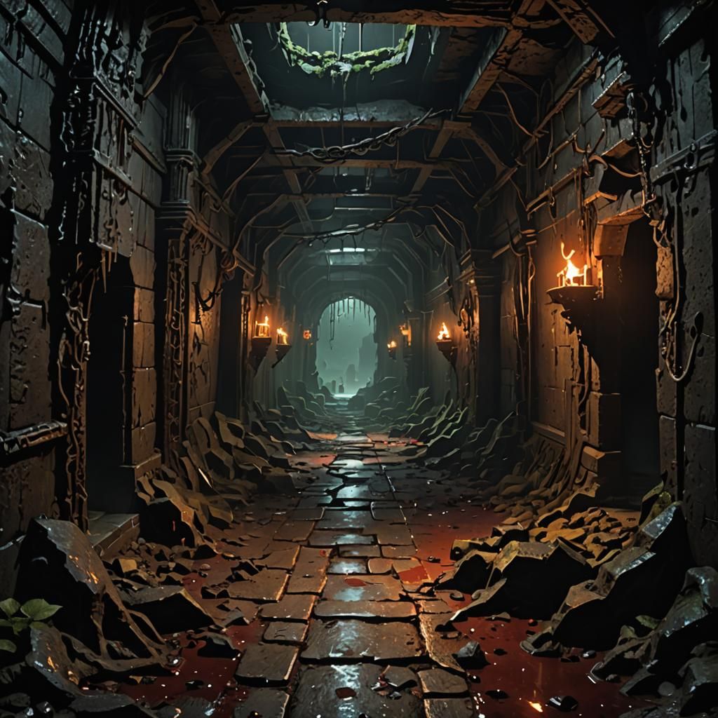 Dark Horror Dungeon with Skeletons and Demons