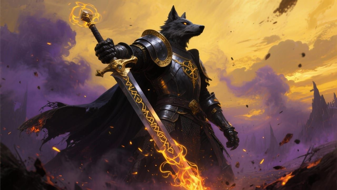 Knight in Wolf Helm Raises Fiery Sword in Twilight