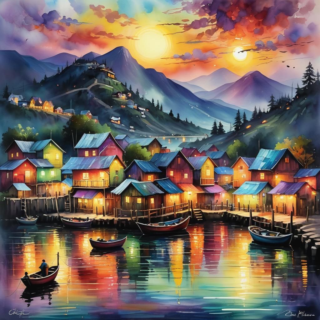 Fishing Village Sunset: Neo-Impressionist Watercolor Paintin...