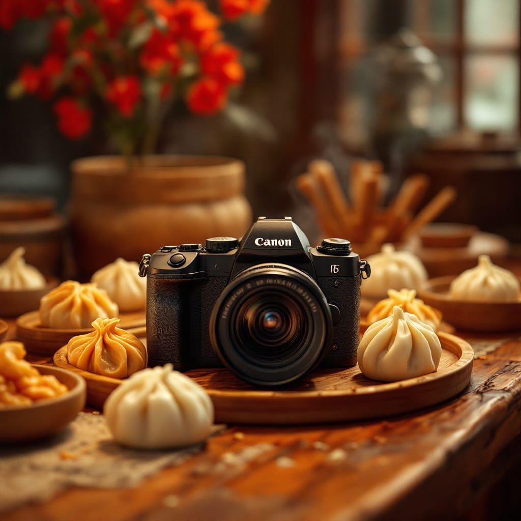 Canon Camera Surrounded by Dumplings in 3D Rendering