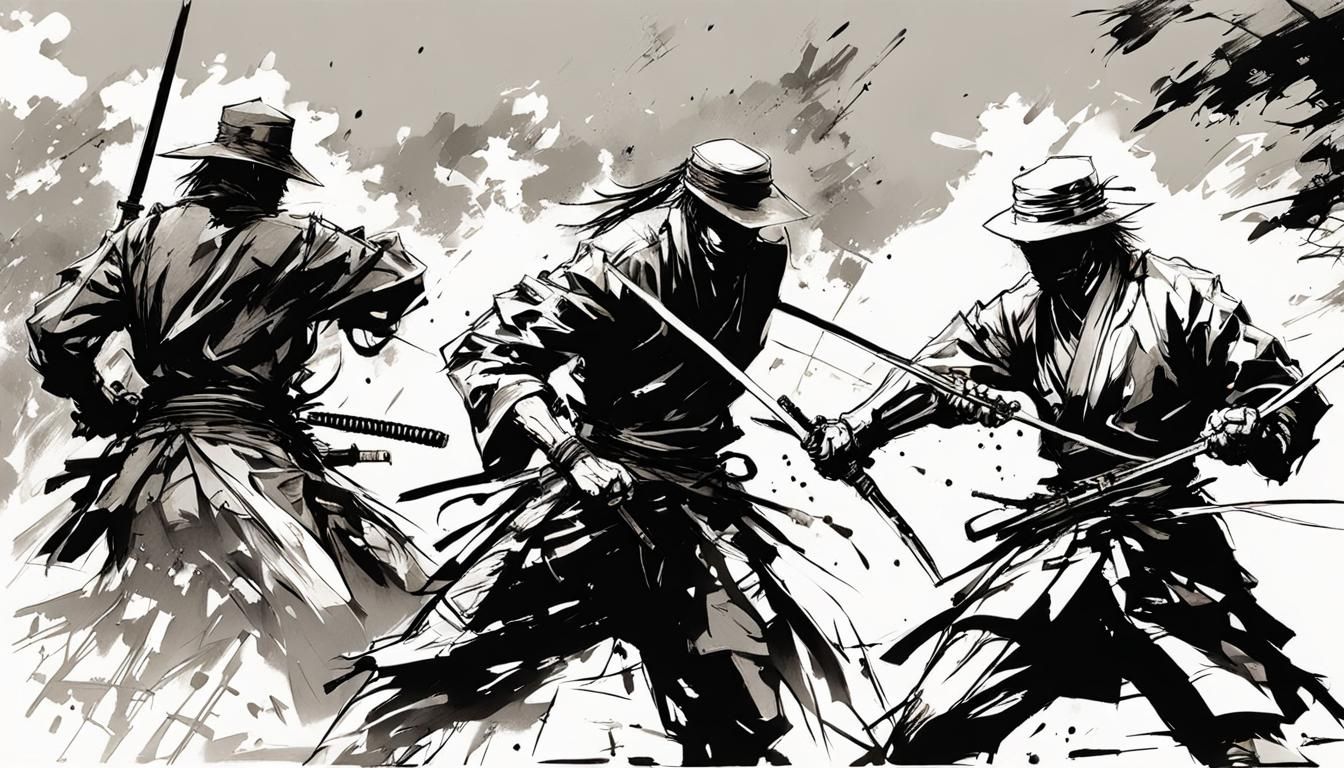 Samurai Combat in Park: Ink Drawing Style