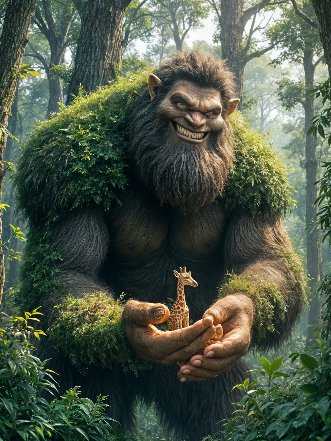 Gentle Forest Giant with Tiny Giraffe