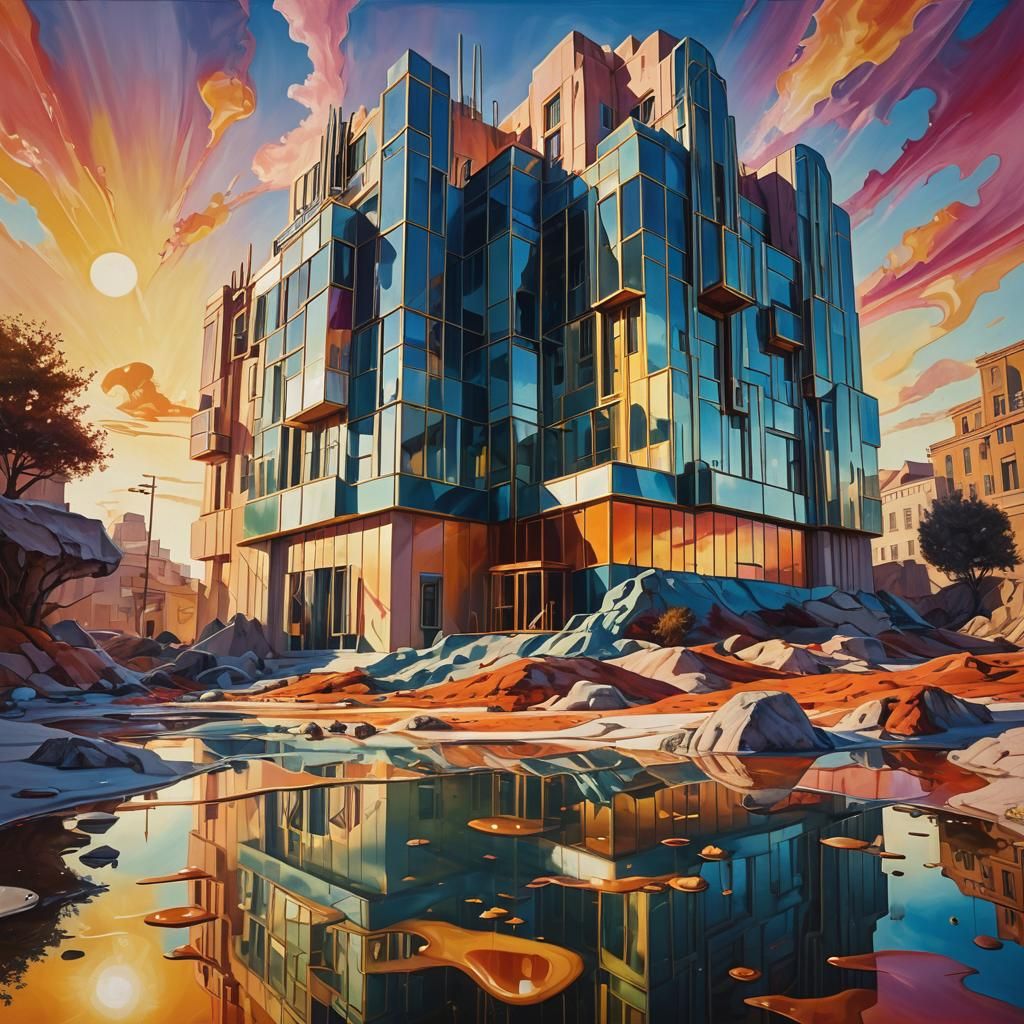 Surreal Art Deco Building in Dreamlike Landscape