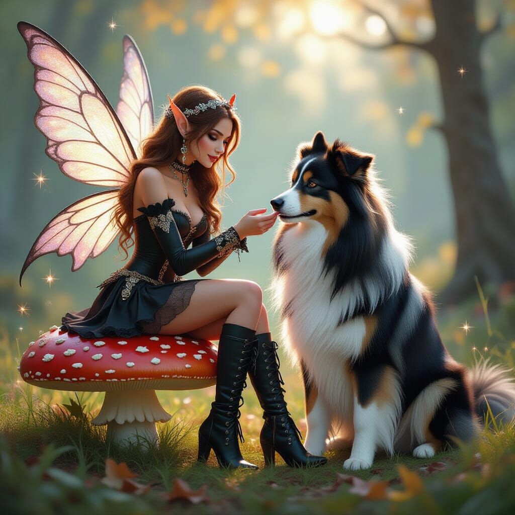 Elegant Goth Fairy with Sheltie Dog in Whimsical Setting