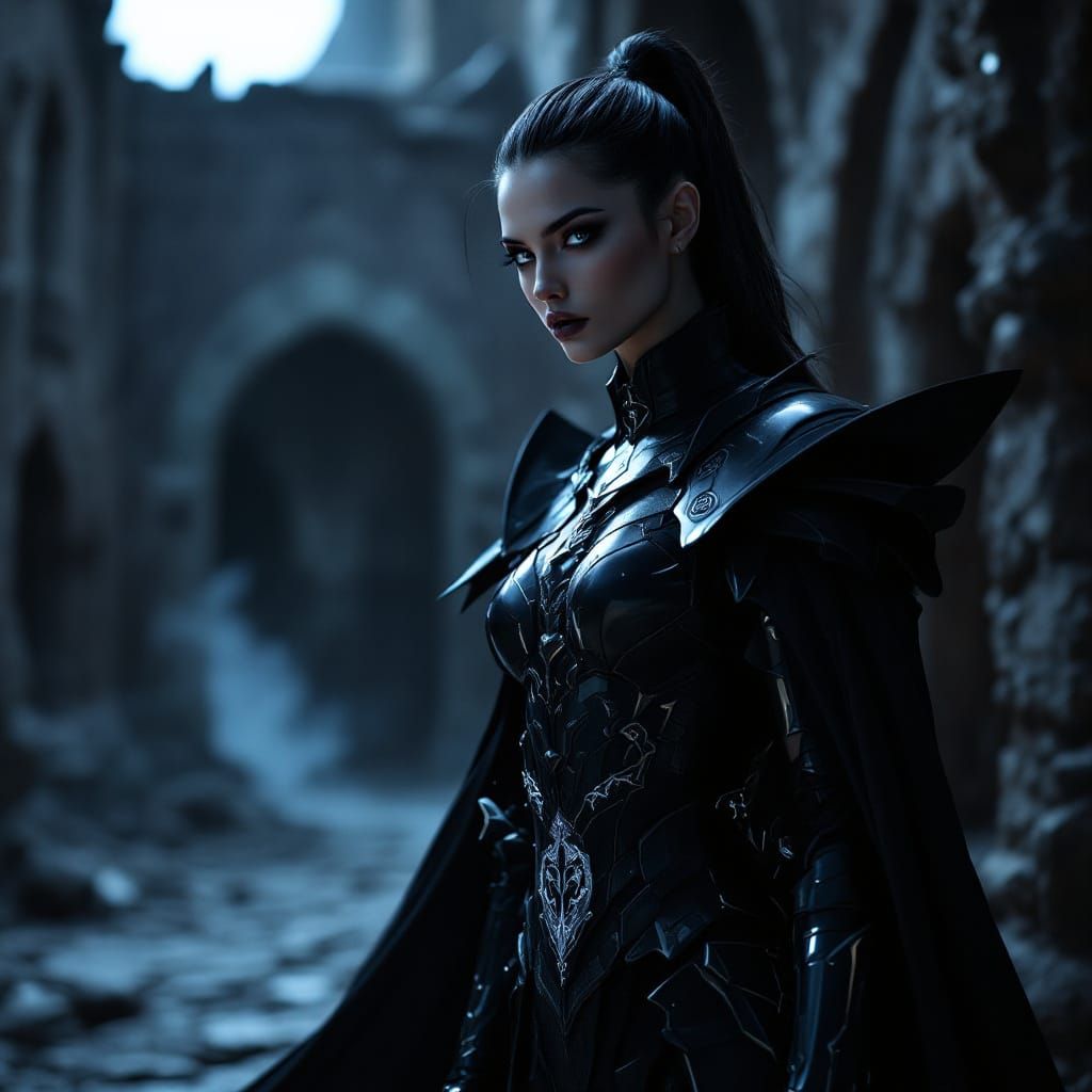 Shadow Knightess Kaelith Mourne in Gothic Fantasy Portrait