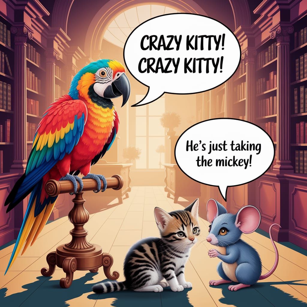 Cozy Caricature: Parrot Teasing Kitten in Digital Art