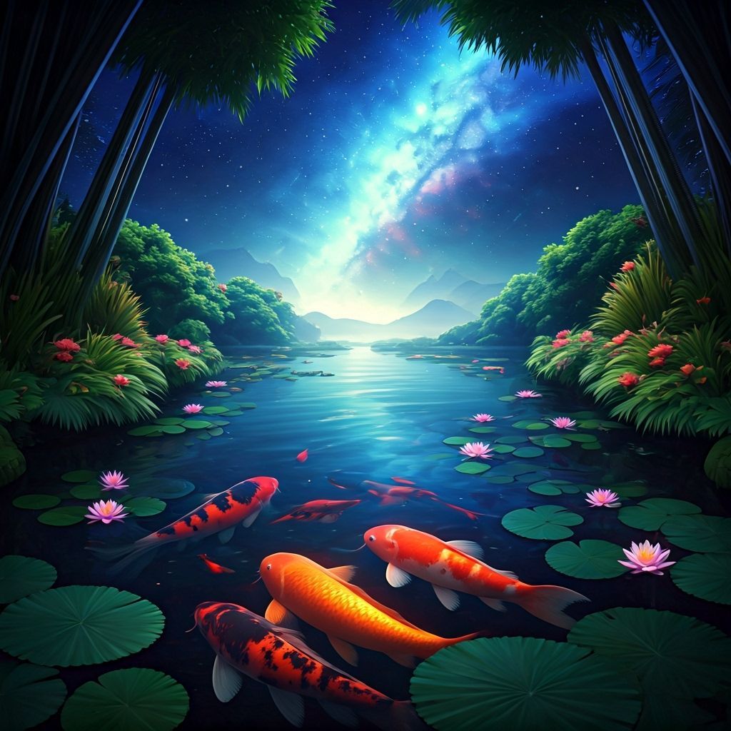 Koi Pond Under Starry Sky: Matte Painting