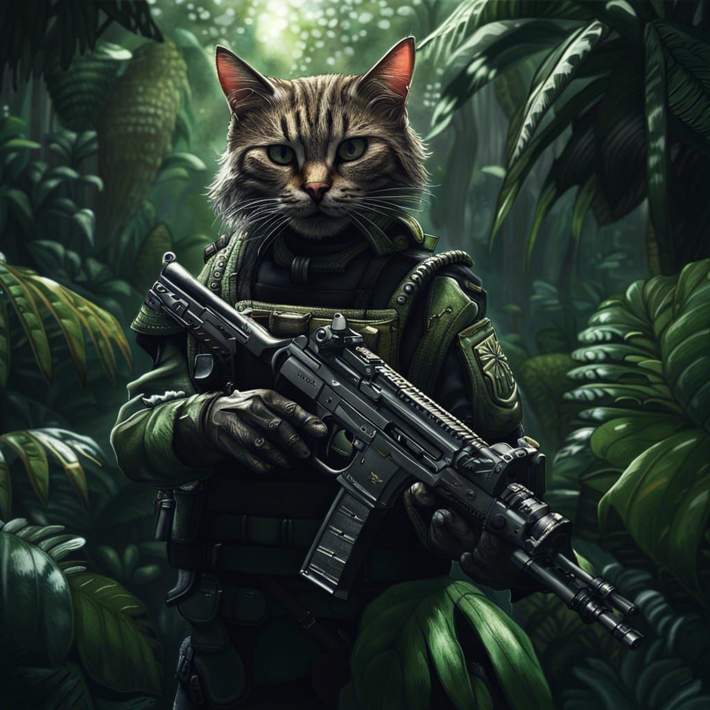 Humanoid Cat Soldier in Jungle, Hyper-Real Digital Art