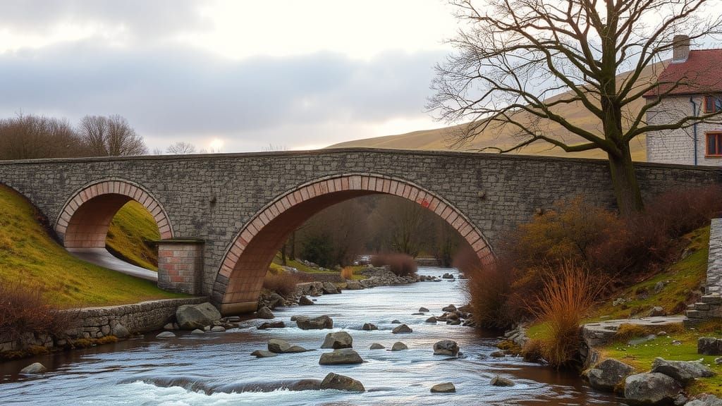 Medieval Stone Bridge Over a Serene River Landscape