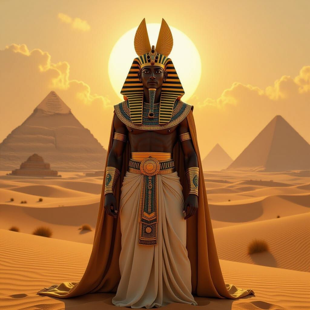 Majestic Egyptian Sun God in Golden Landscape
