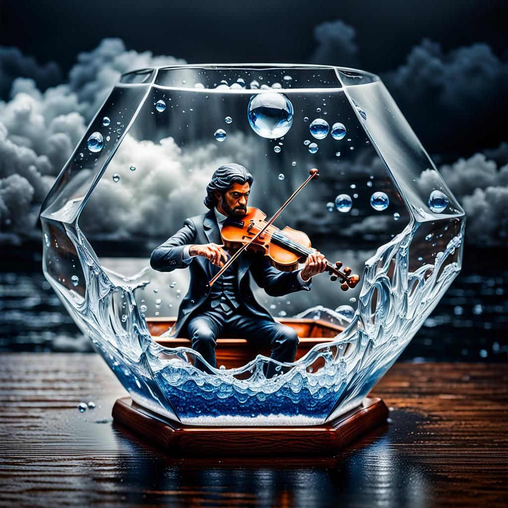 Micro-World: 3D Violinist in Glass During Storm