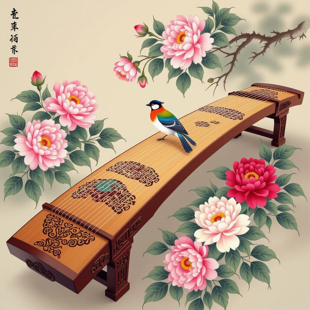 Guzheng Surrounded by Peonies in Traditional Chinese Style