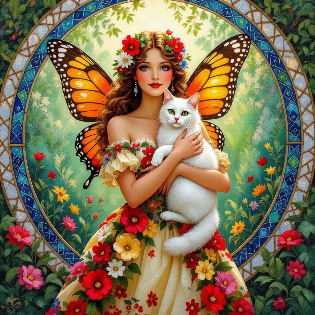 Enchanting Butterfly-Human Hybrid with Cat in Art Nouveau St...