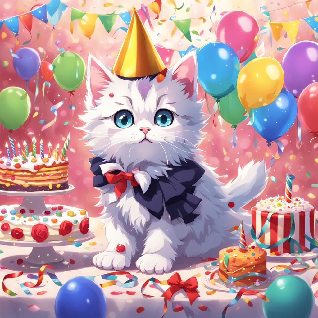 Kitten Celebrates Birthday in Anime Style