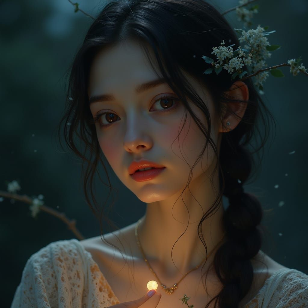 Ethereal Woman Glows in Twilight Nocturnal Landscape