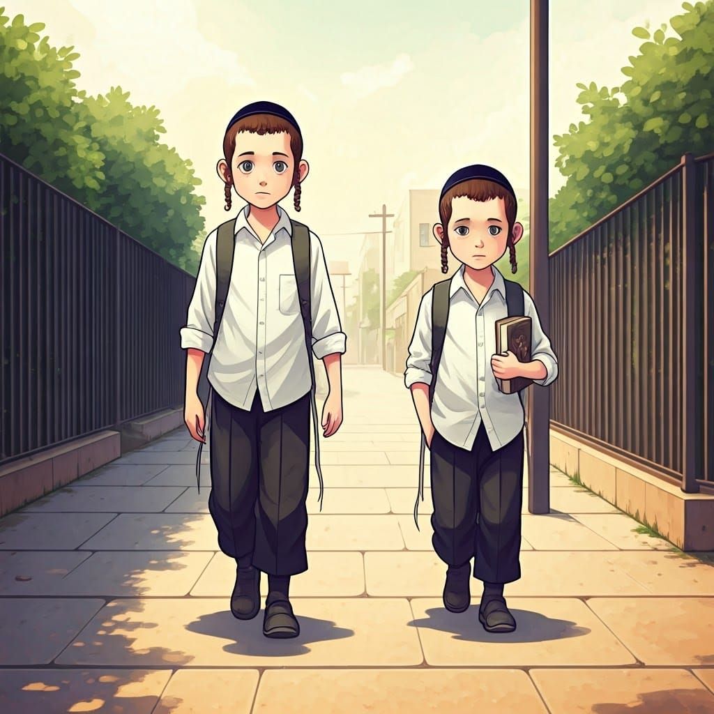 Orthodox Jewish Children in Sumi-e Watercolor Style