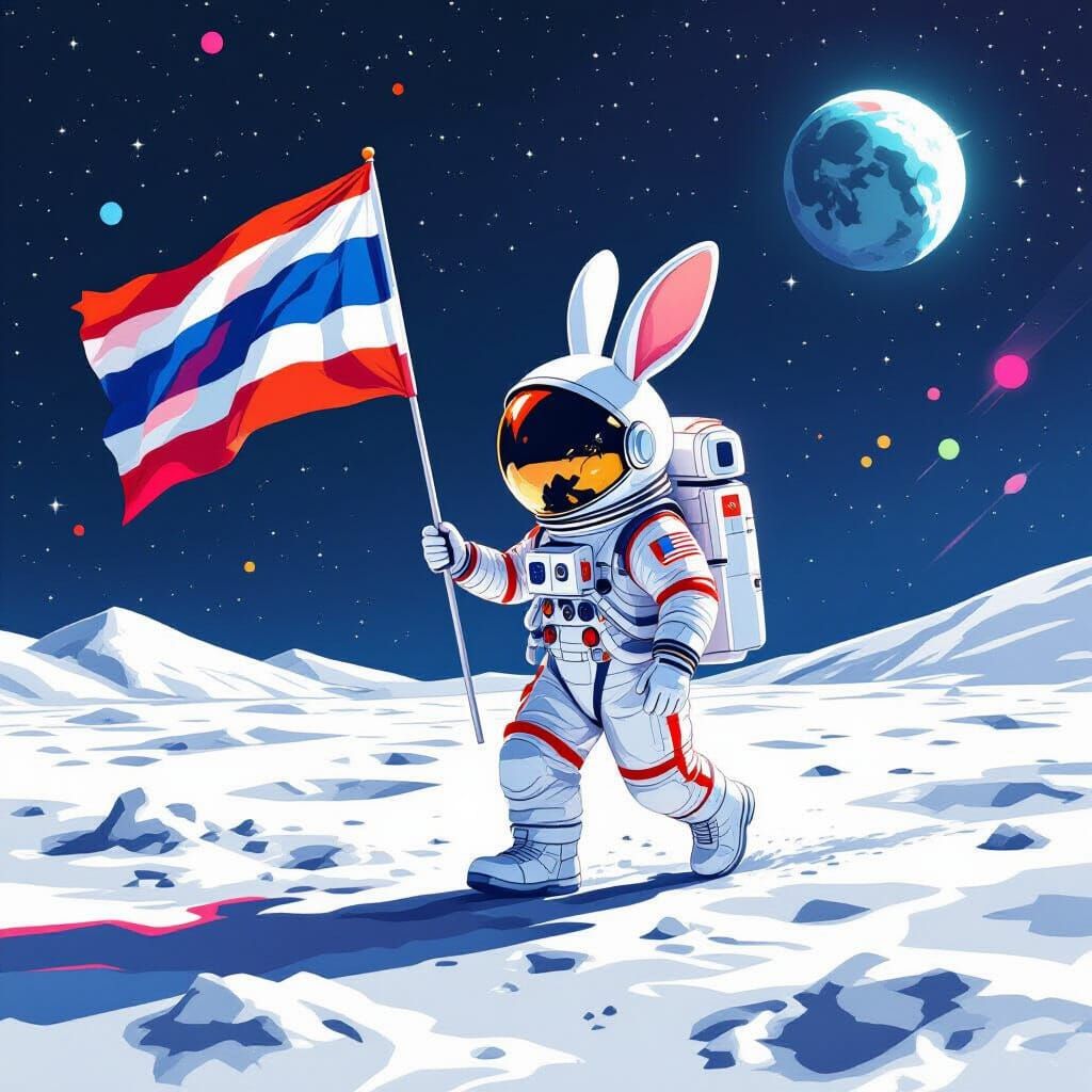 Rabbit Astronaut Plants Flag on the Moon in Pop Art