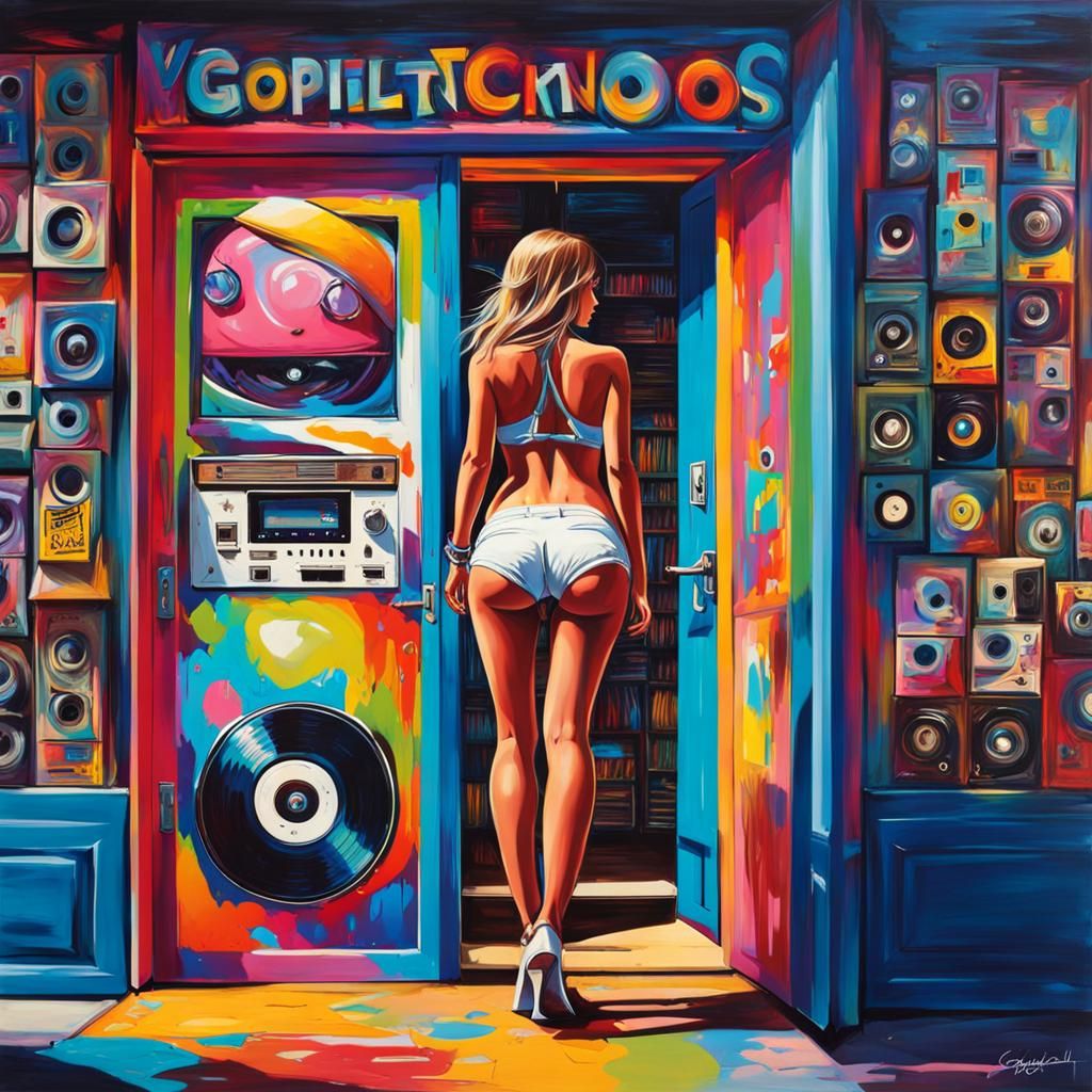 Colorful Girl at Record Store in Graffiti Art Style