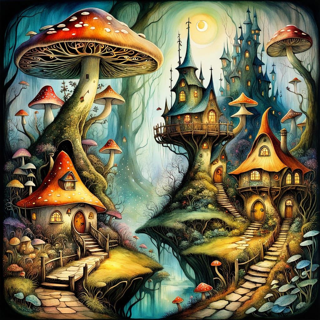 Whimsical Tolkien-Inspired Mushroom Village in Watercolor
