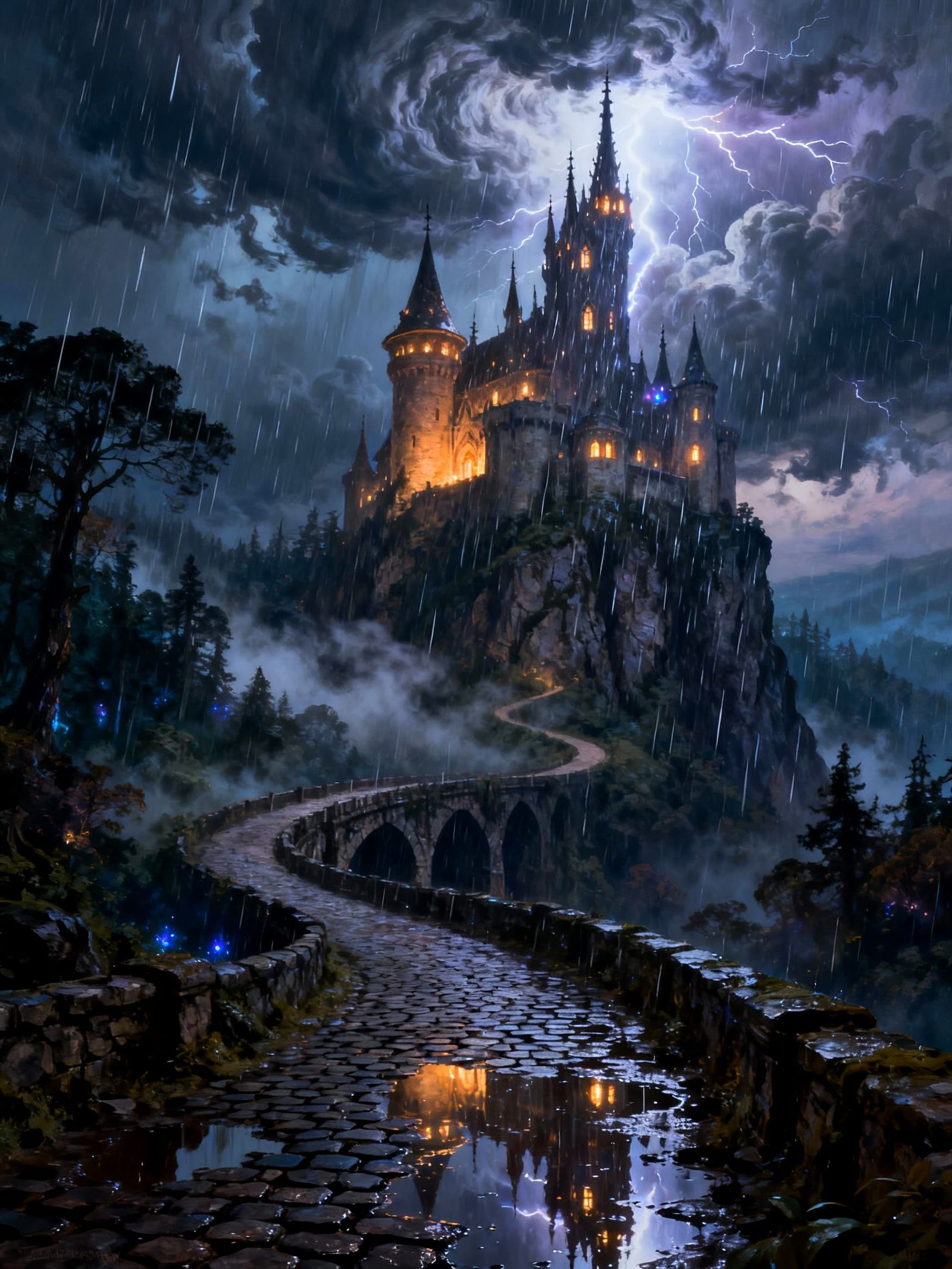 Majestic Castle in Rainstorm, Cinematic Fantasy Illustration