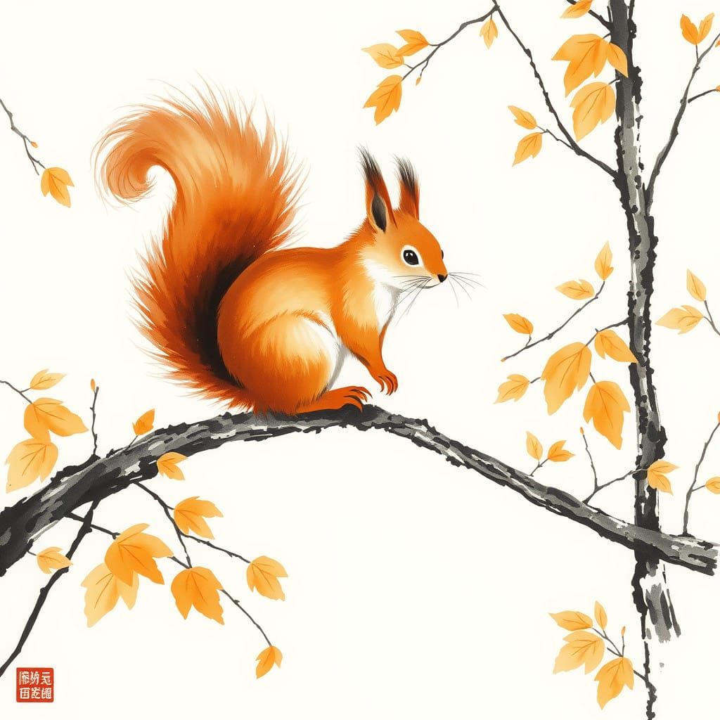 Traditional Woodland Scene of a Majestic Rusty-Red Squirrel...