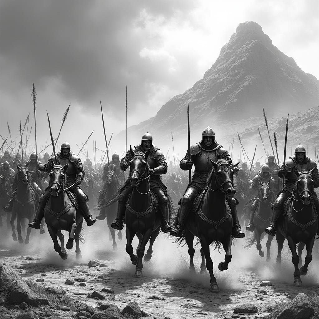 Medieval Cavalry Charge in a Dark and Ominous Landscape