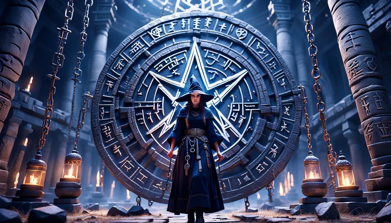 Powerful Witch with Glowing Runes in Ancient Temple