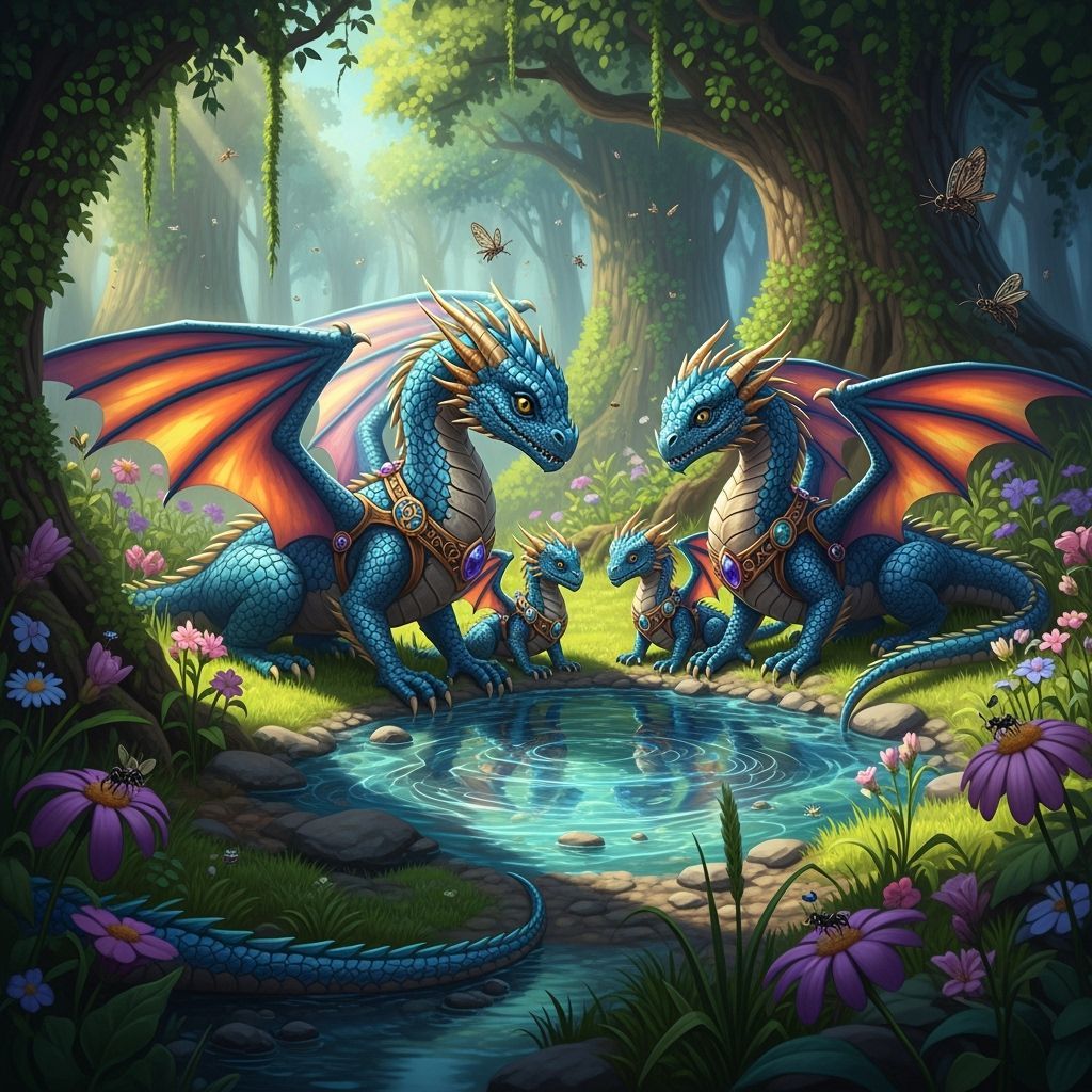 Miniature Dragons in Gemstone Harnesses, Hyperrealistic Fant...