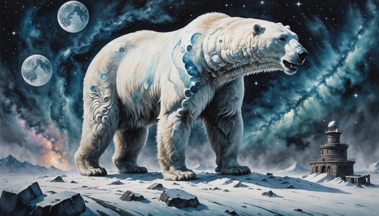 Nebula Polar Bear Guards Cosmic Observatory in Ink-Wash Styl...