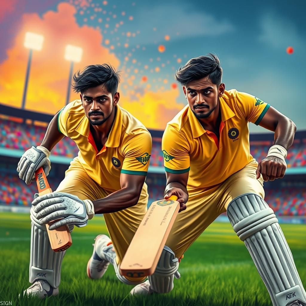 Indian Cricket Players in Lush Stadium: Hyperrealistic Splas...