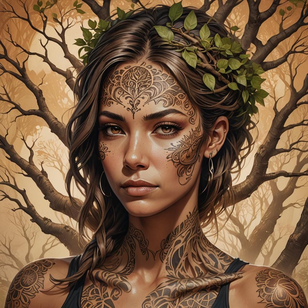 Tree of Life Tattoo Portrait in Hyperdetailed Style