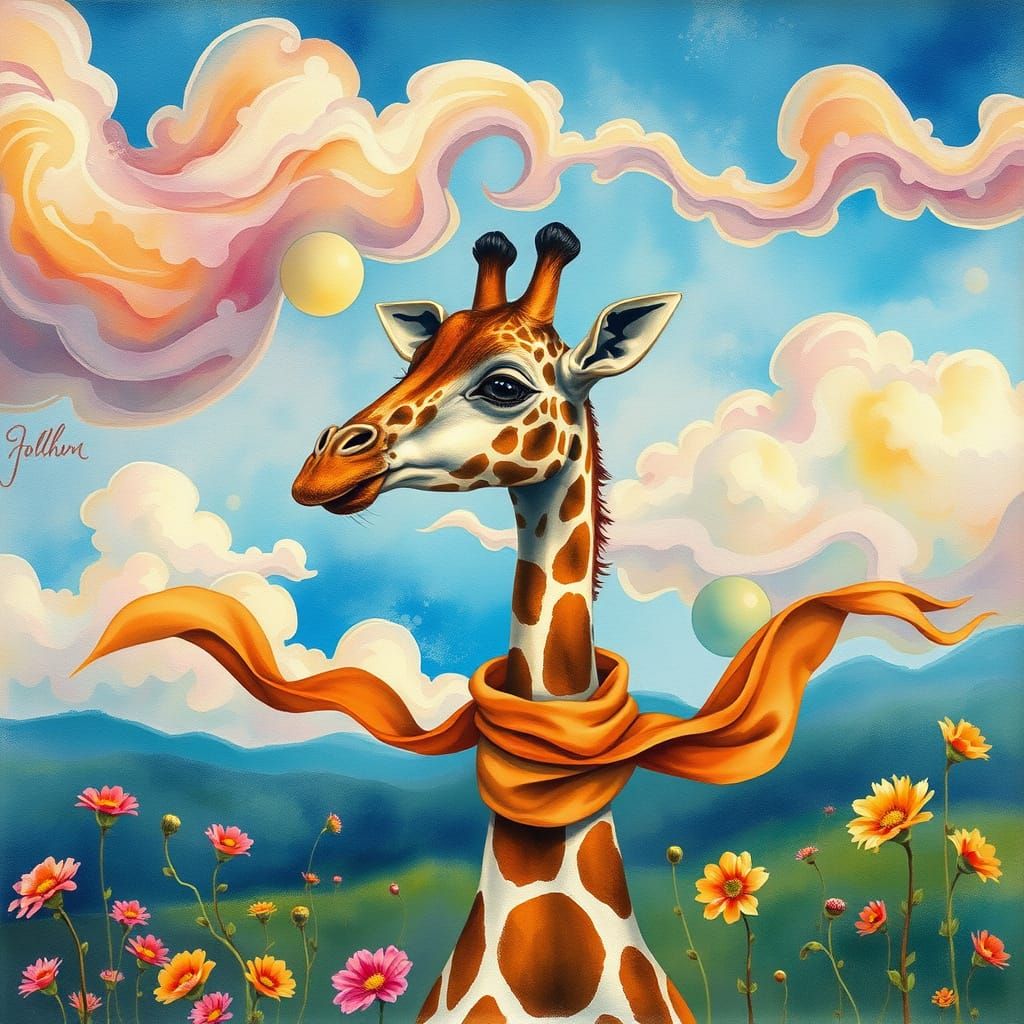 Giraffe in Dreamy Landscape with Surrealist Style