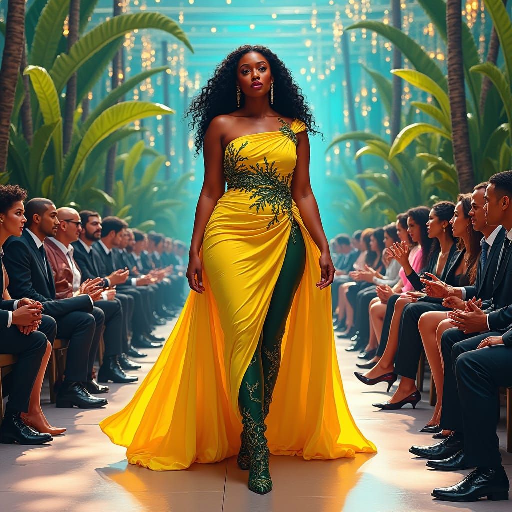 Regal Woman Graces Runway in Fashion Illustration Style