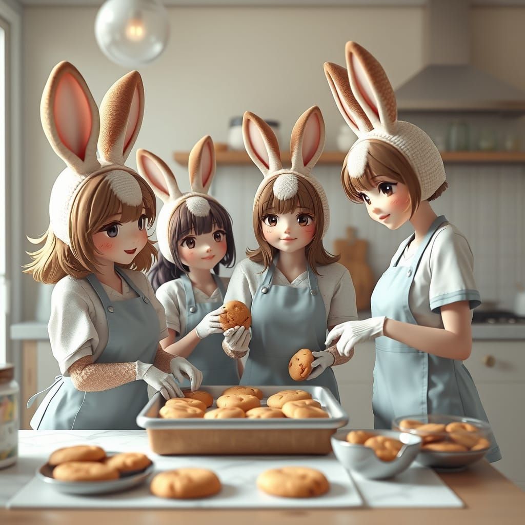 Ghibli-Inspired Bunnies Bake Together in a Cozy Kitchen