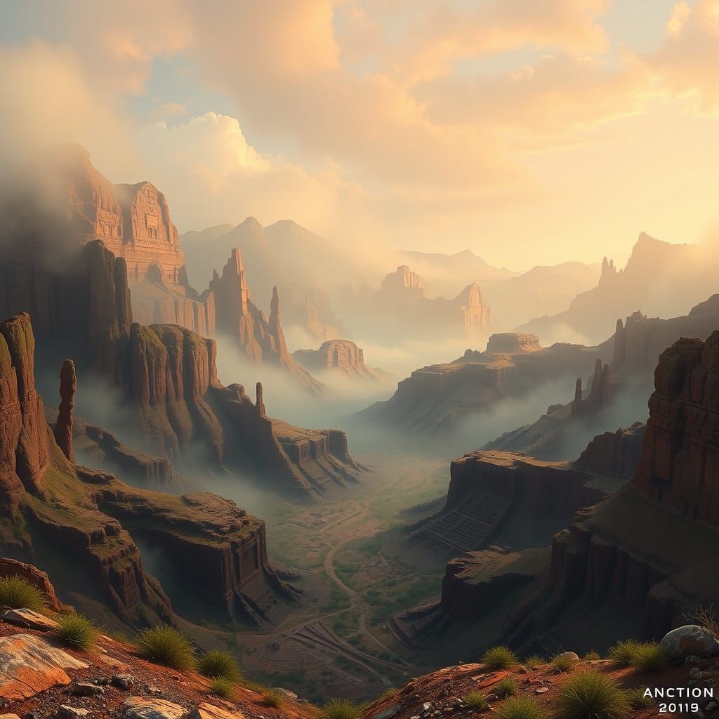 Primordial Earth Landscape with Atmospheric Mist