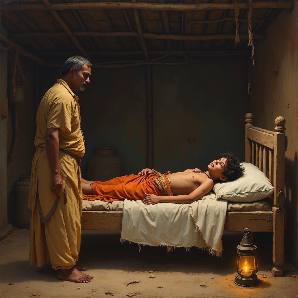 A Young Boy's Sorrow in a Rural Indian Hut, in the Style of ...