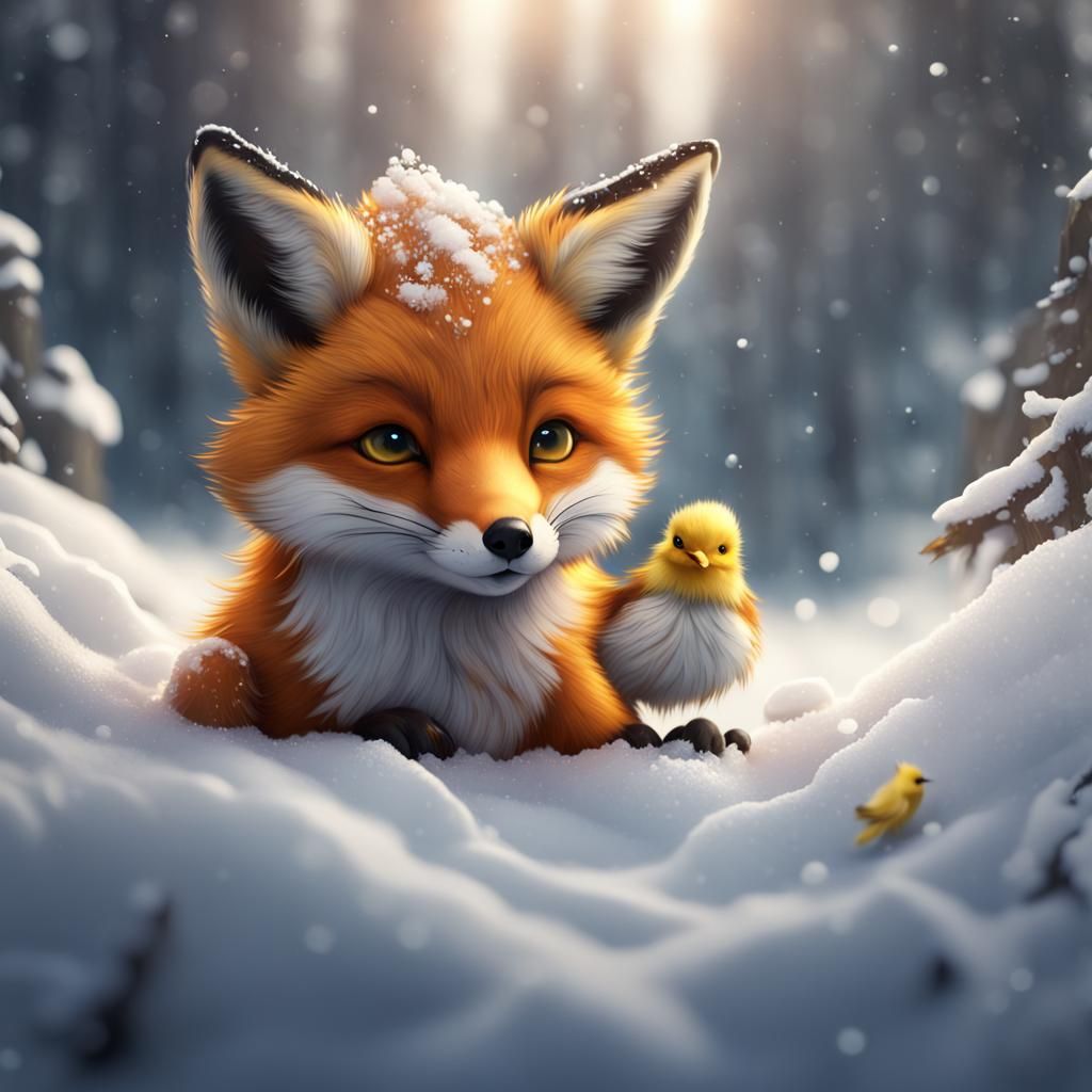 Fox Cub and Bird in Snowy Fantasy Landscape
