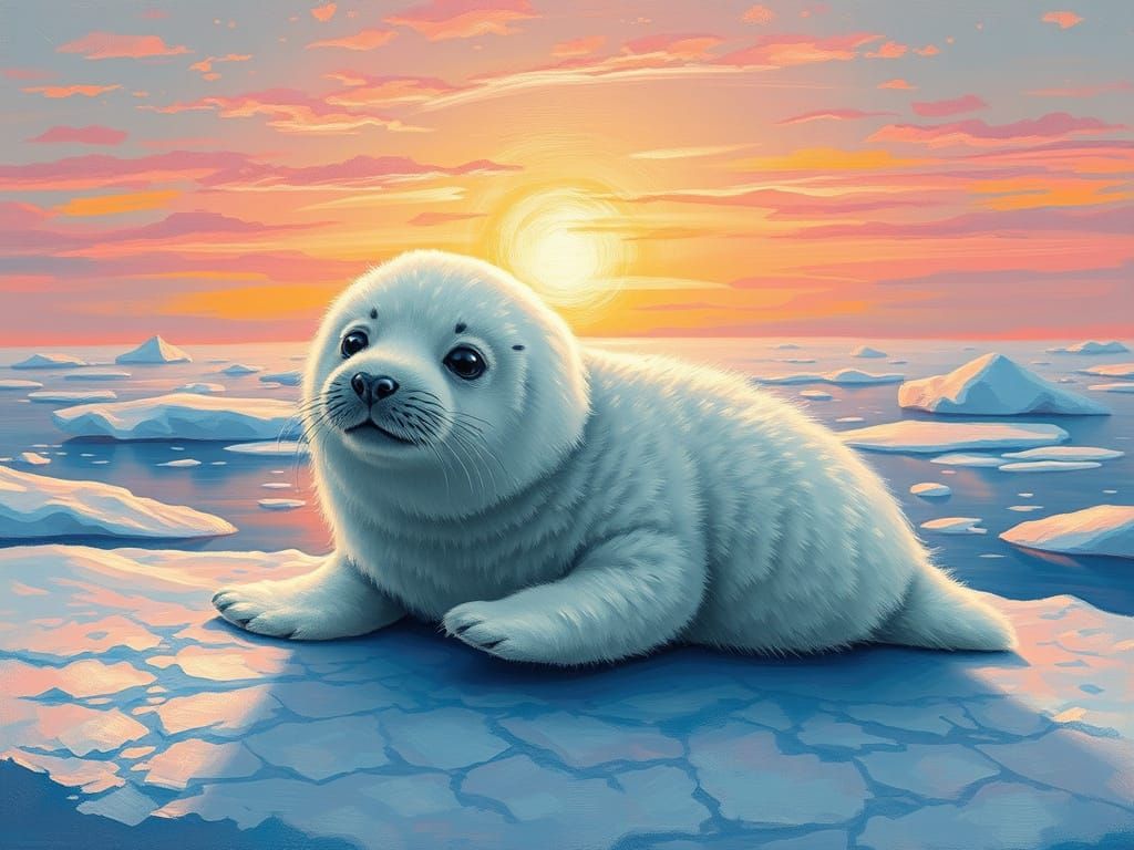 Baby Harp Seal Under Midnight Sun in Neo-Impressionist Style