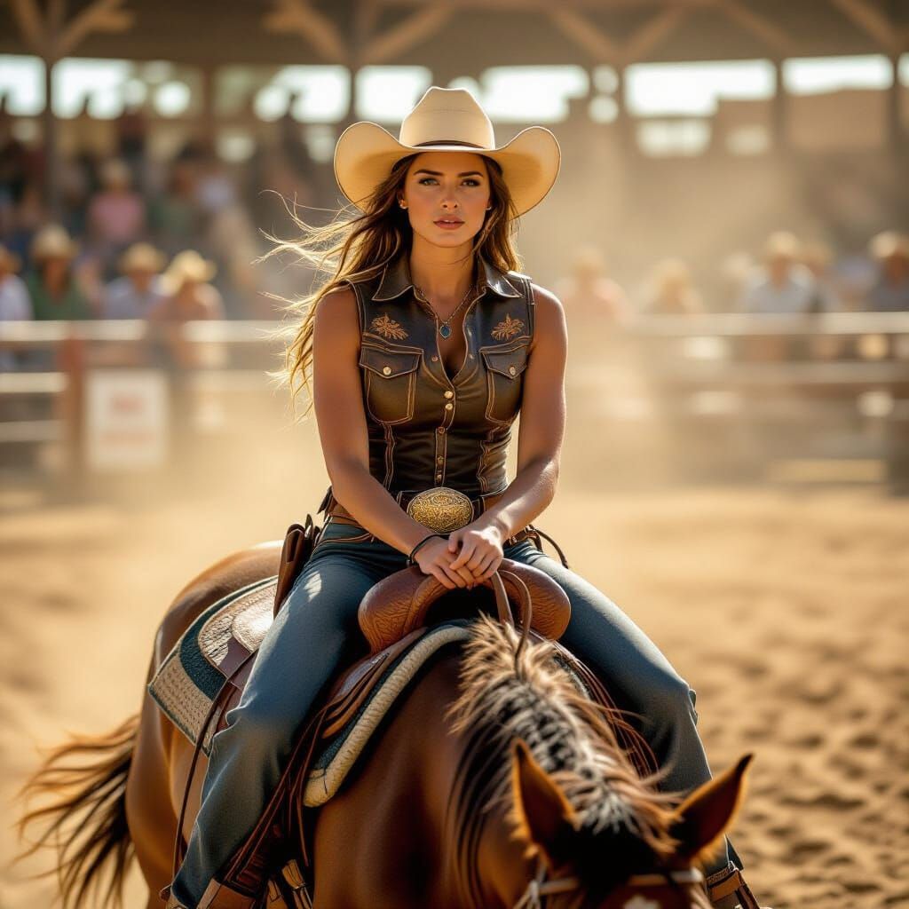 Young Woman Rides Bronco in Cinematic Film Still