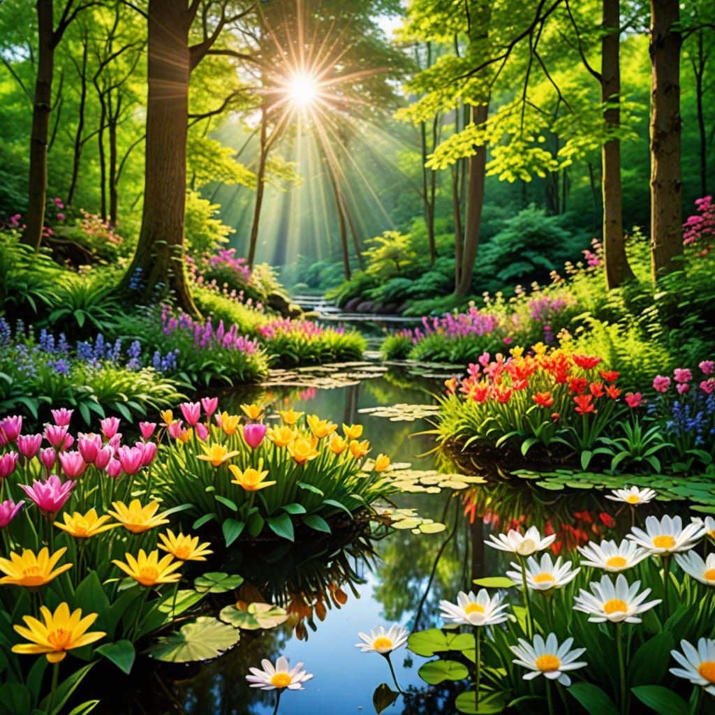 Vibrant Forest Flowers and Serene Pond in Soft Focus