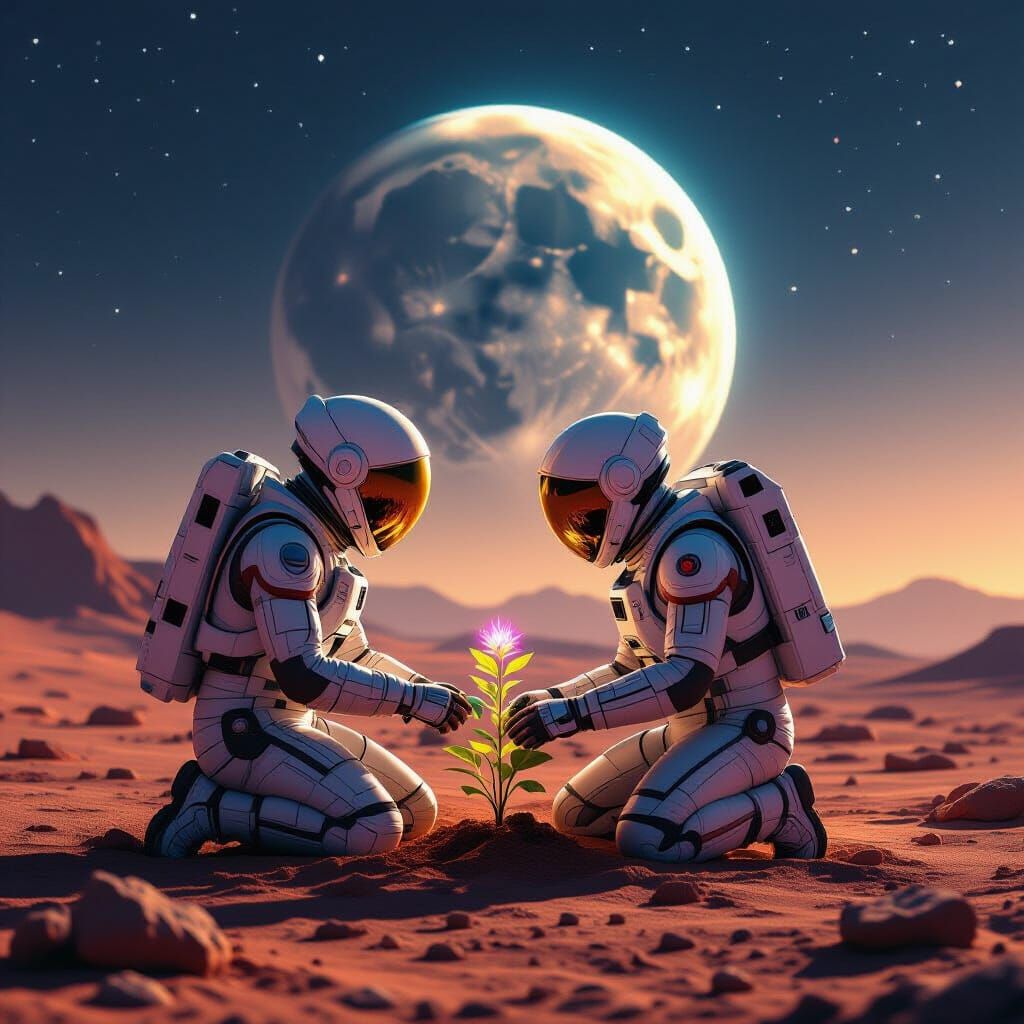 Astronaut Nurtures Alien Plant on Mars During Earthrise