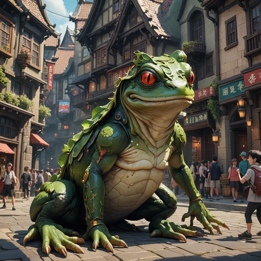 Frog Monster Devouring People in Gothic Town: 3D Anime