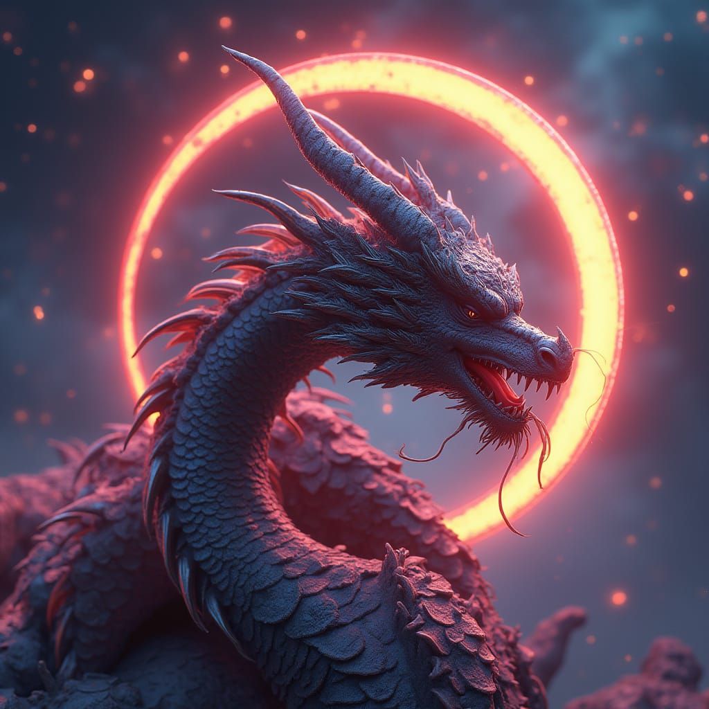 Eastern Dragon in Neon-Lit Celestial Armor
