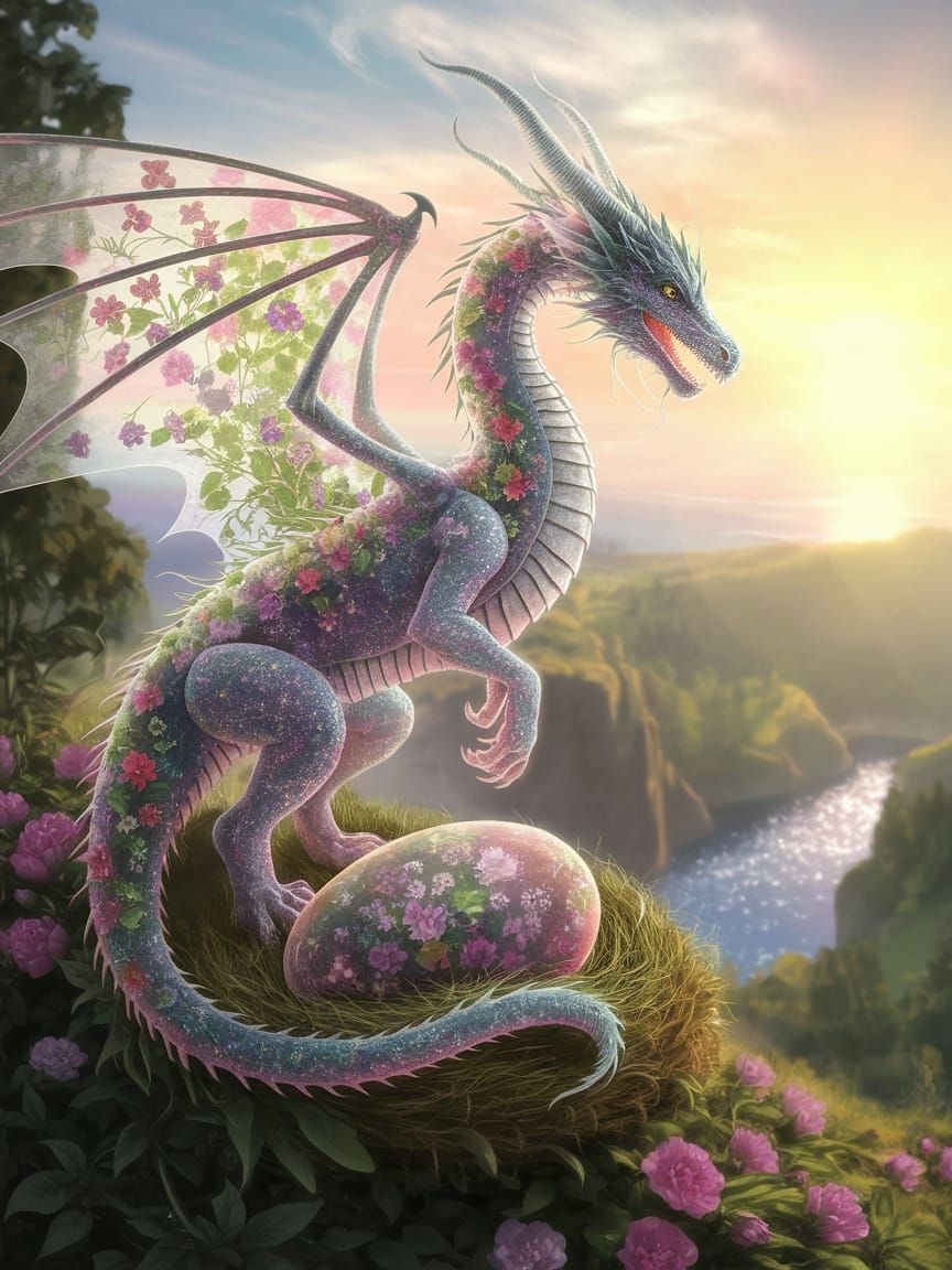 Hyperrealistic Floral Fantasy Dragon Surveys Valley