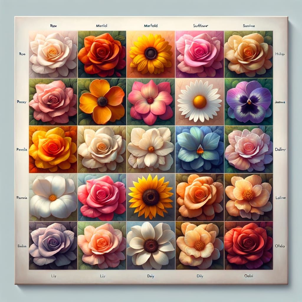 Realistic Digital Art of Vibrant Flowers in Pastel Grids