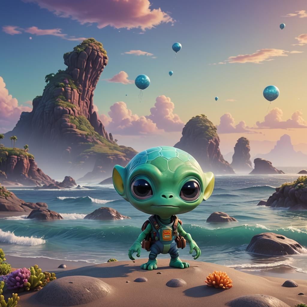 Cute Alien with Ocean Landscape in 3D Style