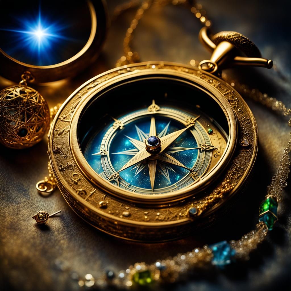 Golden Compass and Aurora Borealis with Jewels