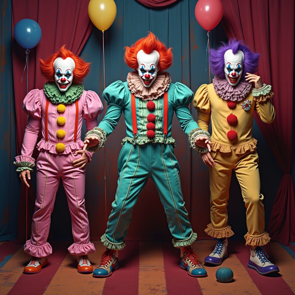 Menacing Clowns in Eerie Circus, Dark Whimsy Style