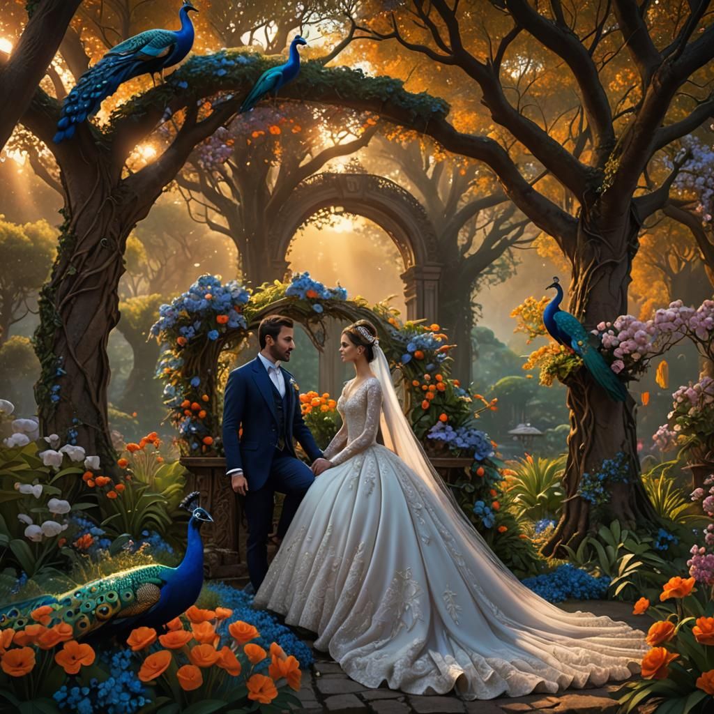 bridal couple in mystique garden with peacock orange blossom...