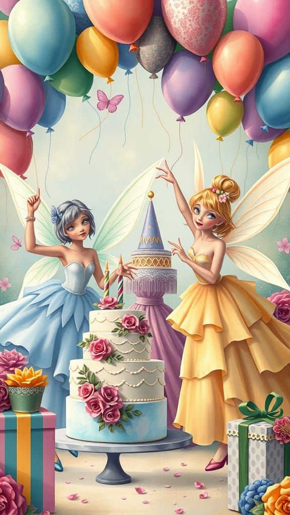 Whimsical Fairies Celebrate with Balloons and Cake